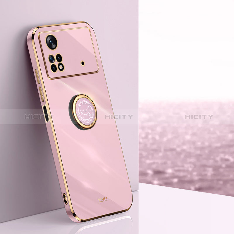 Funda Silicona Carcasa Ultrafina Goma con Magnetico Anillo de dedo Soporte XL1 para Xiaomi Poco M4 Pro 4G Rosa