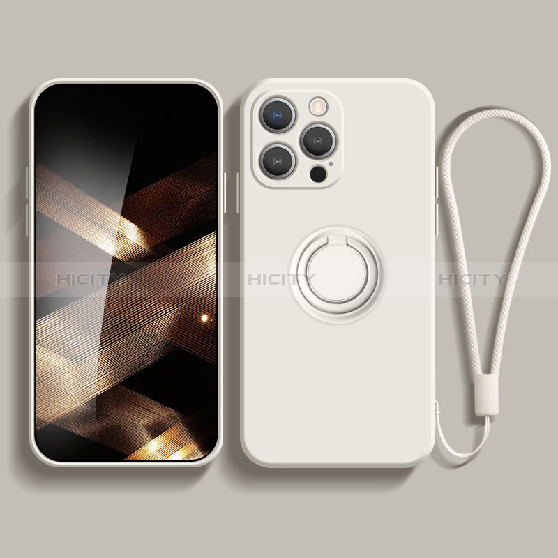 Funda Silicona Carcasa Ultrafina Goma con Magnetico Anillo de dedo Soporte YK1 para Apple iPhone 15 Pro Max Blanco