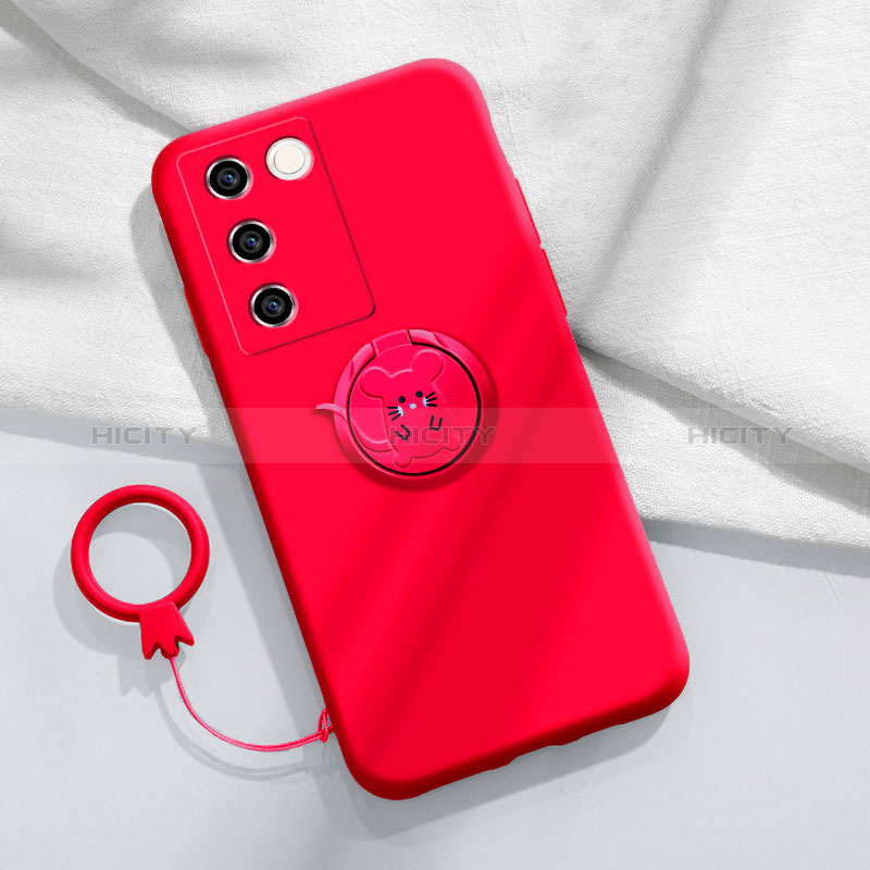 Funda Silicona Carcasa Ultrafina Goma con Magnetico Anillo de dedo Soporte Z01 para Vivo V27e 5G Rojo