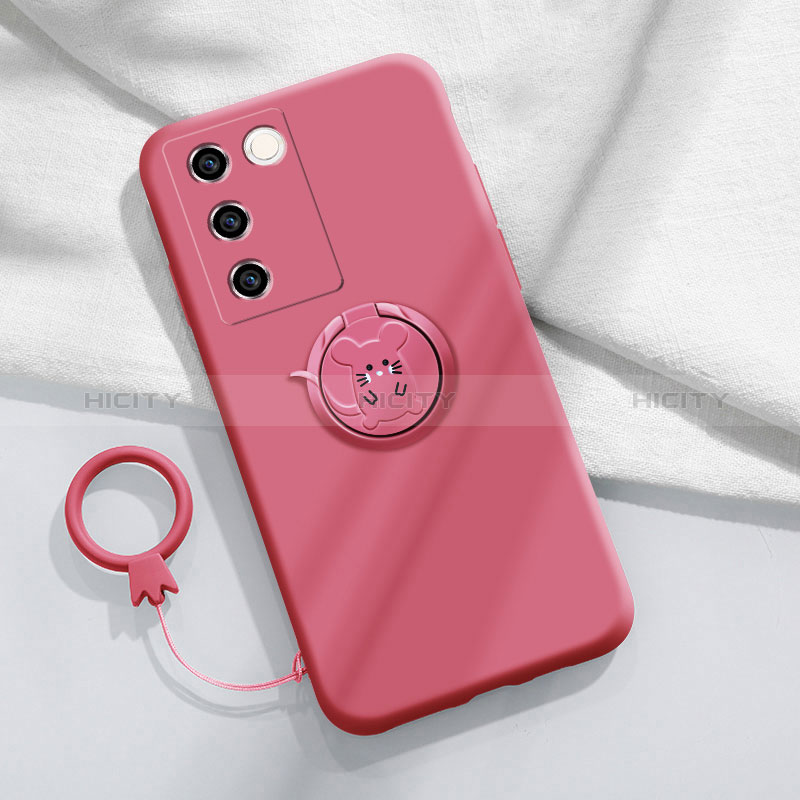 Funda Silicona Carcasa Ultrafina Goma con Magnetico Anillo de dedo Soporte Z01 para Vivo V27e 5G Rosa Roja