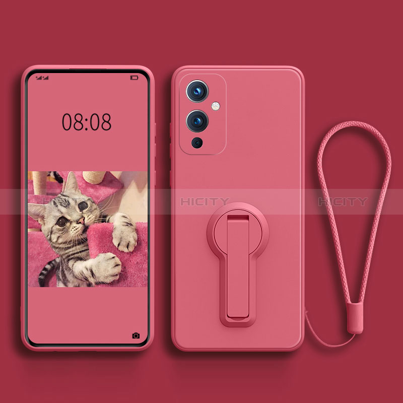 Funda Silicona Carcasa Ultrafina Goma con Soporte para OnePlus 9 5G Rosa Roja