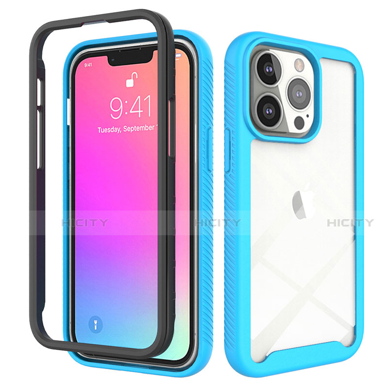 Funda Silicona Carcasa Ultrafina Goma Frontal y Trasera 360 Grados para Apple iPhone 13 Pro Max Azul Cielo