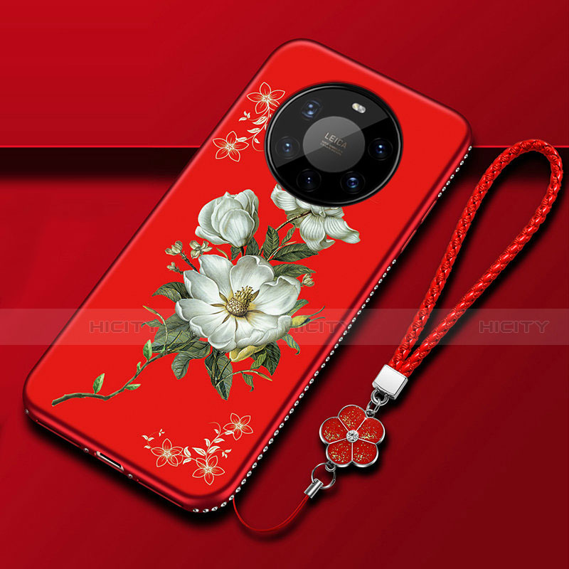 Funda Silicona Gel Goma Flores Carcasa para Huawei Mate 40 Pro+ Plus Rojo