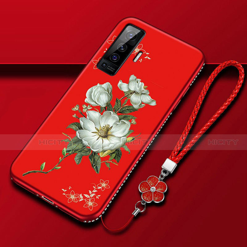 Funda Silicona Gel Goma Flores Carcasa para Vivo X50 5G Rojo