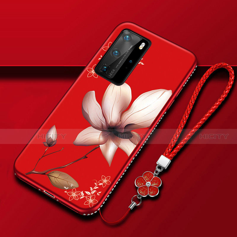 Funda Silicona Gel Goma Flores Carcasa S01 para Huawei P40 Pro Rojo Rosa