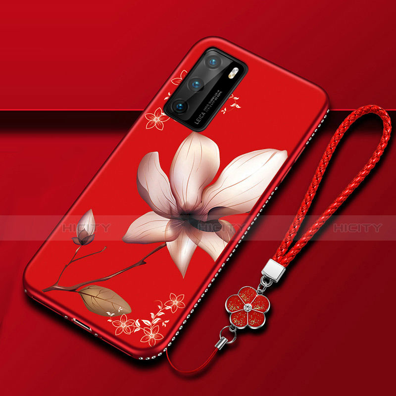 Funda Silicona Gel Goma Flores Carcasa S01 para Huawei P40 Rojo Rosa