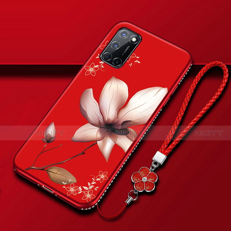 Funda Silicona Gel Goma Flores Carcasa S01 para Oppo A52 Rojo Rosa