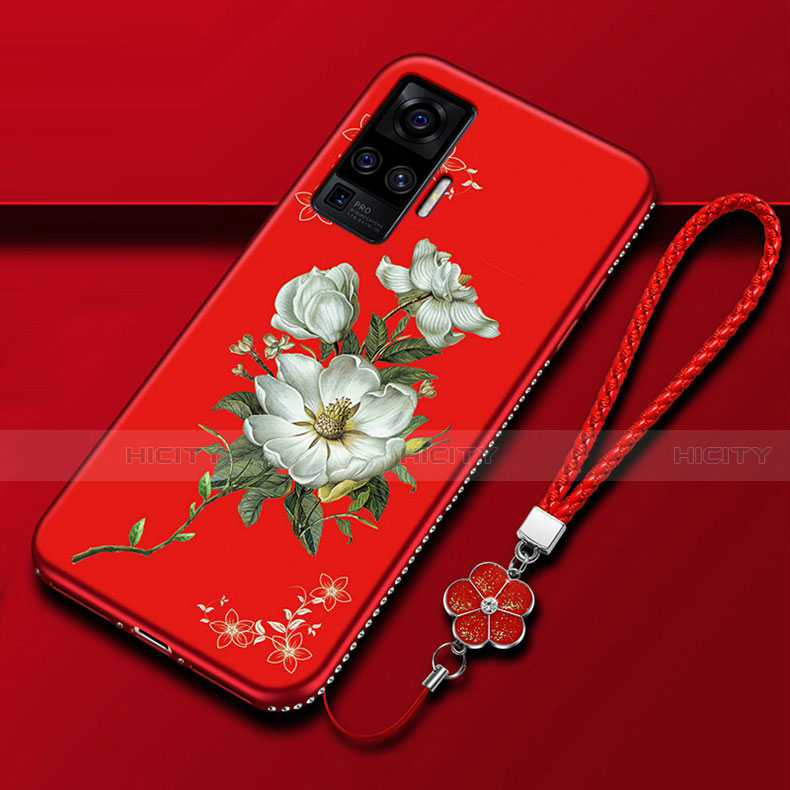 Funda Silicona Gel Goma Flores Carcasa S01 para Vivo X50 Pro 5G Rojo