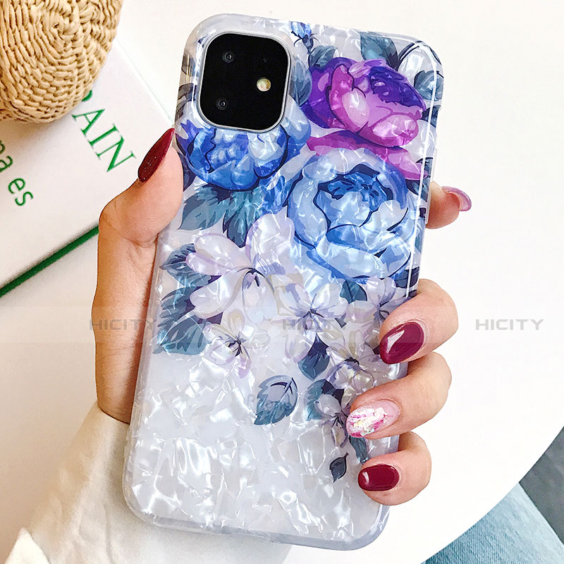 Funda Silicona Gel Goma Flores Carcasa S02 para Apple iPhone 11 Azul