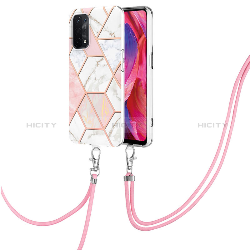 Funda Silicona Gel Goma Patron de Moda Carcasa con Acollador Cordon Lanyard Y01B para Oppo A54 5G Rosa