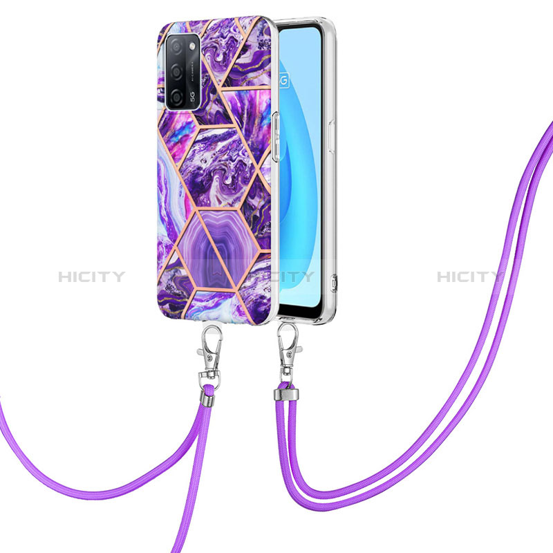 Funda Silicona Gel Goma Patron de Moda Carcasa con Acollador Cordon Lanyard Y01B para Oppo A56 5G Morado