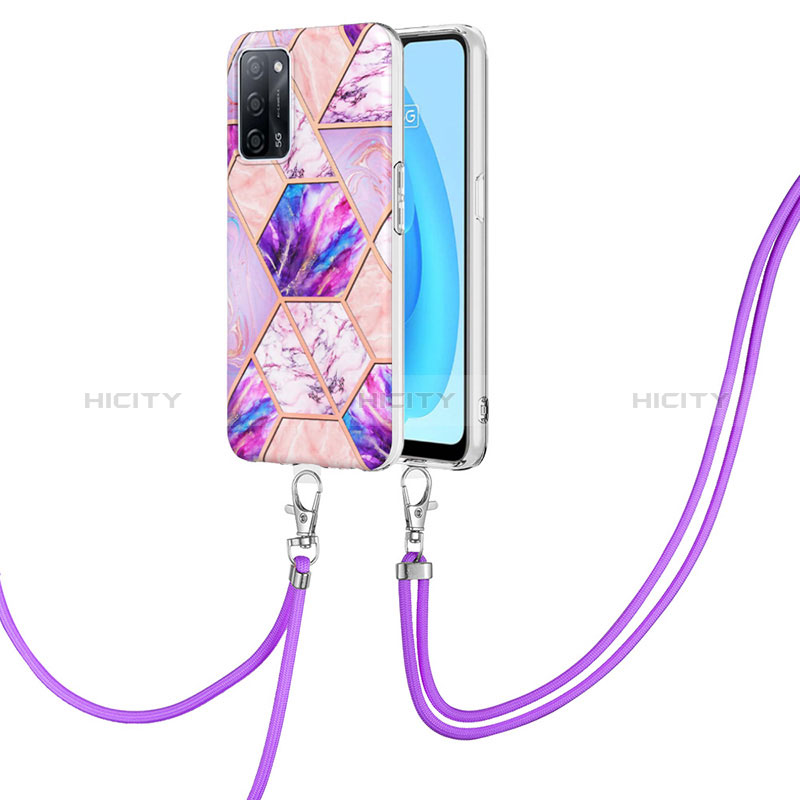 Funda Silicona Gel Goma Patron de Moda Carcasa con Acollador Cordon Lanyard Y01B para Oppo A56 5G Purpura Claro