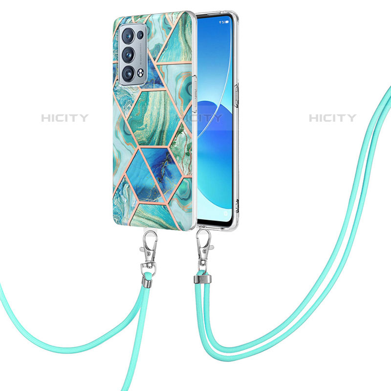 Funda Silicona Gel Goma Patron de Moda Carcasa con Acollador Cordon Lanyard Y01B para Oppo Reno6 Pro 5G Verde