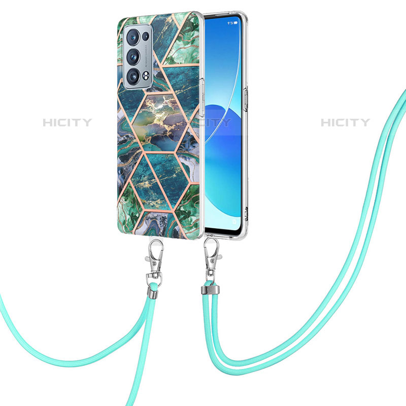 Funda Silicona Gel Goma Patron de Moda Carcasa con Acollador Cordon Lanyard Y01B para Oppo Reno6 Pro 5G Verde Noche