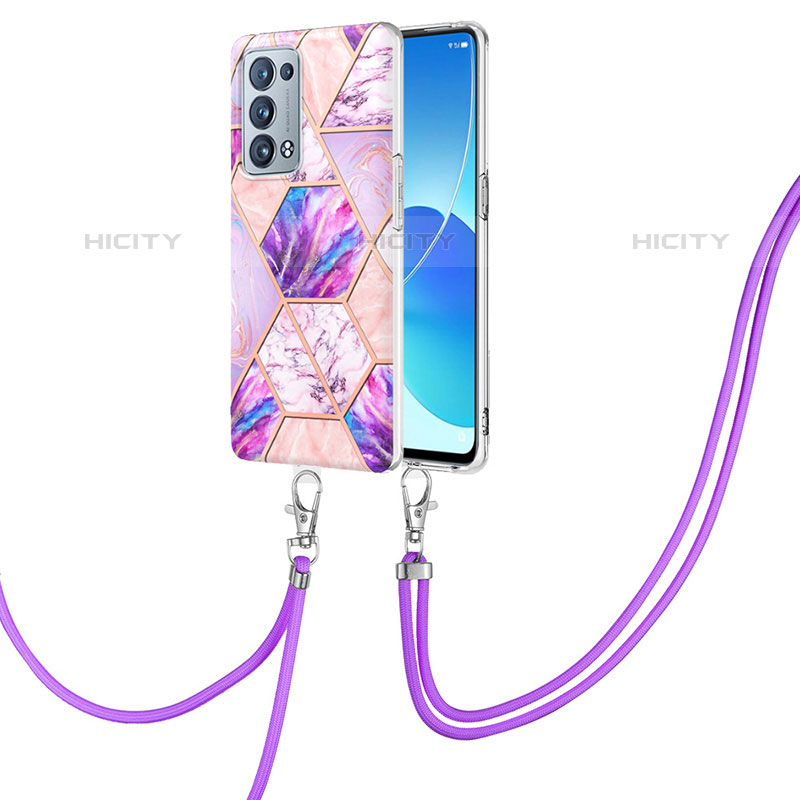 Funda Silicona Gel Goma Patron de Moda Carcasa con Acollador Cordon Lanyard Y01B para Oppo Reno6 Pro+ Plus 5G Purpura Claro