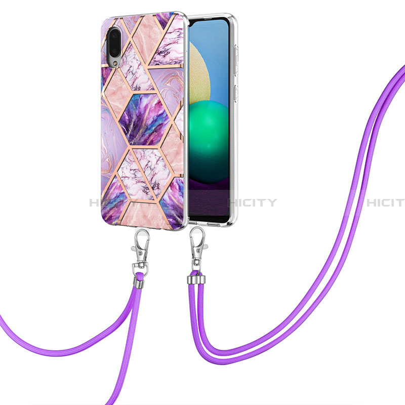 Funda Silicona Gel Goma Patron de Moda Carcasa con Acollador Cordon Lanyard Y01B para Samsung Galaxy A02