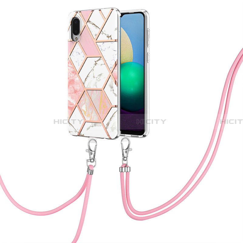 Funda Silicona Gel Goma Patron de Moda Carcasa con Acollador Cordon Lanyard Y01B para Samsung Galaxy A02