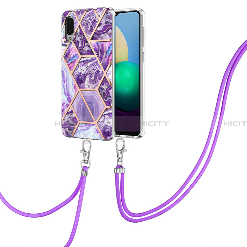 Funda Silicona Gel Goma Patron de Moda Carcasa con Acollador Cordon Lanyard Y01B para Samsung Galaxy A02 Morado