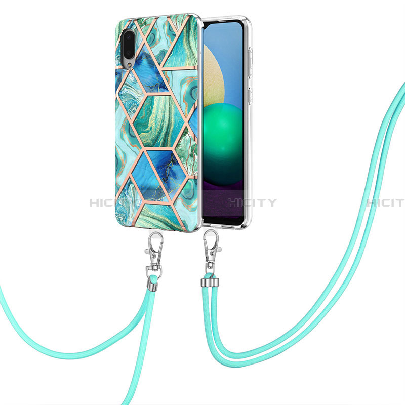 Funda Silicona Gel Goma Patron de Moda Carcasa con Acollador Cordon Lanyard Y01B para Samsung Galaxy A02 Verde