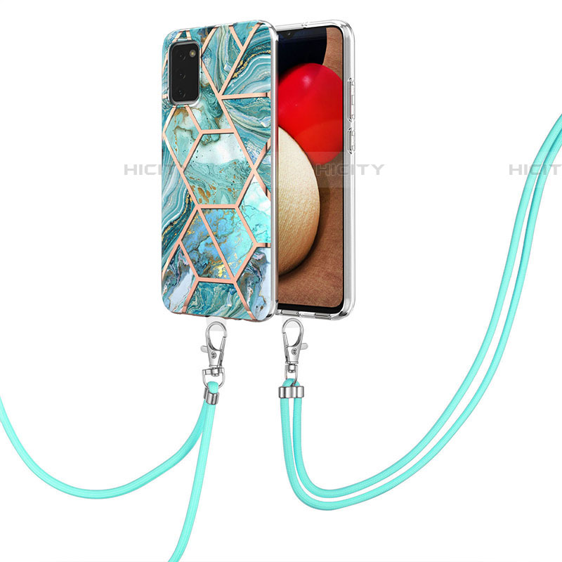 Funda Silicona Gel Goma Patron de Moda Carcasa con Acollador Cordon Lanyard Y01B para Samsung Galaxy A03s Menta Verde