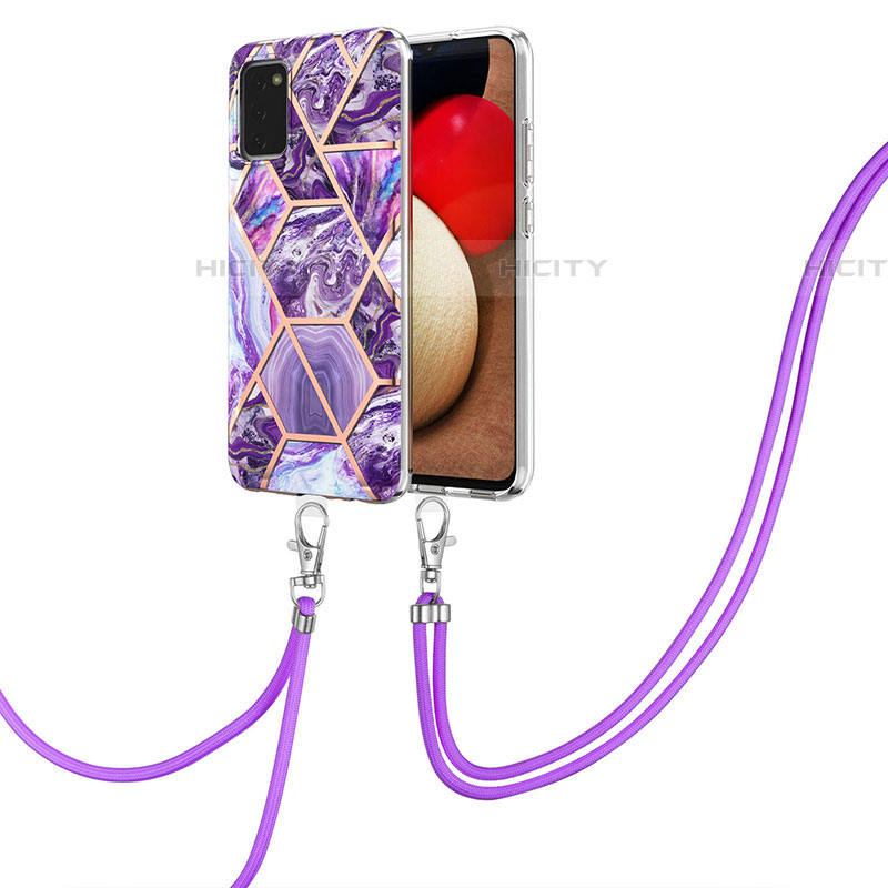 Funda Silicona Gel Goma Patron de Moda Carcasa con Acollador Cordon Lanyard Y01B para Samsung Galaxy A03s Morado