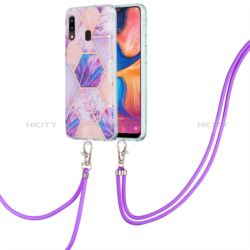 Funda Silicona Gel Goma Patron de Moda Carcasa con Acollador Cordon Lanyard Y01B para Samsung Galaxy A20 Purpura Claro