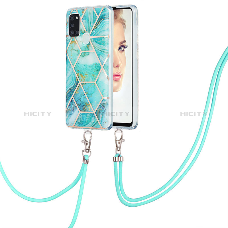 Funda Silicona Gel Goma Patron de Moda Carcasa con Acollador Cordon Lanyard Y01B para Samsung Galaxy A21s Menta Verde