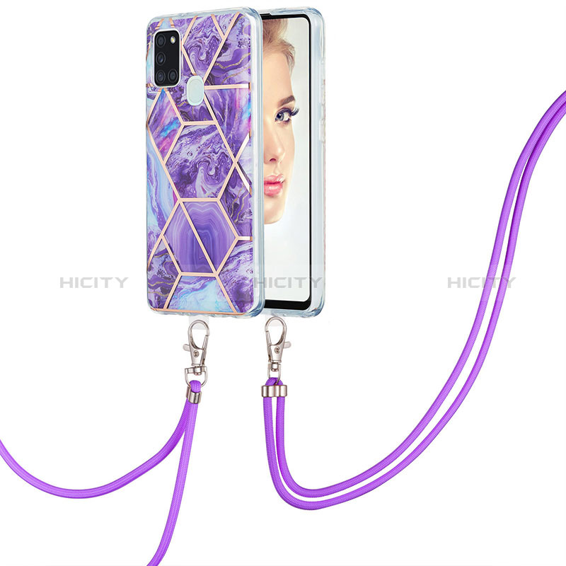 Funda Silicona Gel Goma Patron de Moda Carcasa con Acollador Cordon Lanyard Y01B para Samsung Galaxy A21s Morado