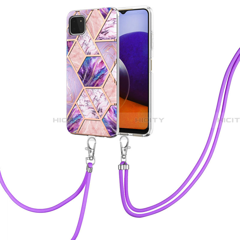 Funda Silicona Gel Goma Patron de Moda Carcasa con Acollador Cordon Lanyard Y01B para Samsung Galaxy A22 5G Purpura Claro