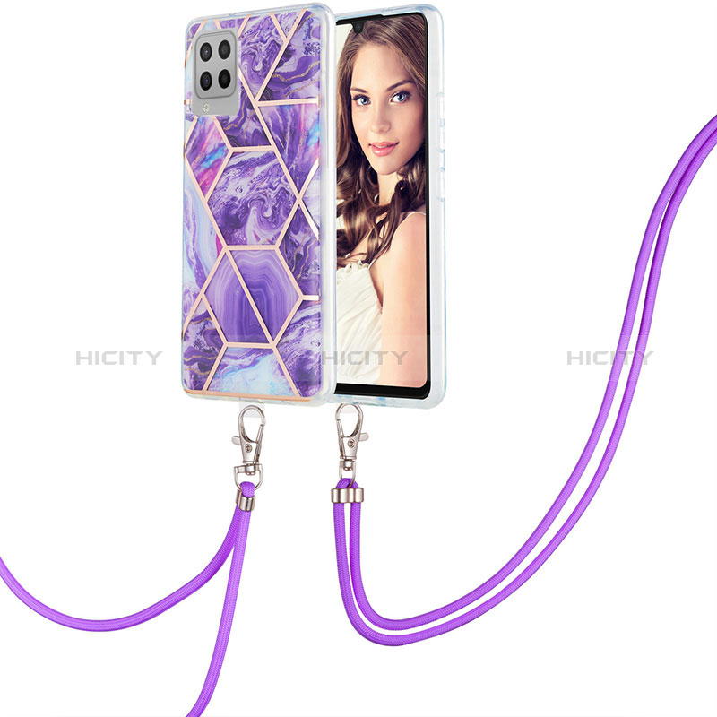 Funda Silicona Gel Goma Patron de Moda Carcasa con Acollador Cordon Lanyard Y01B para Samsung Galaxy A42 5G Morado