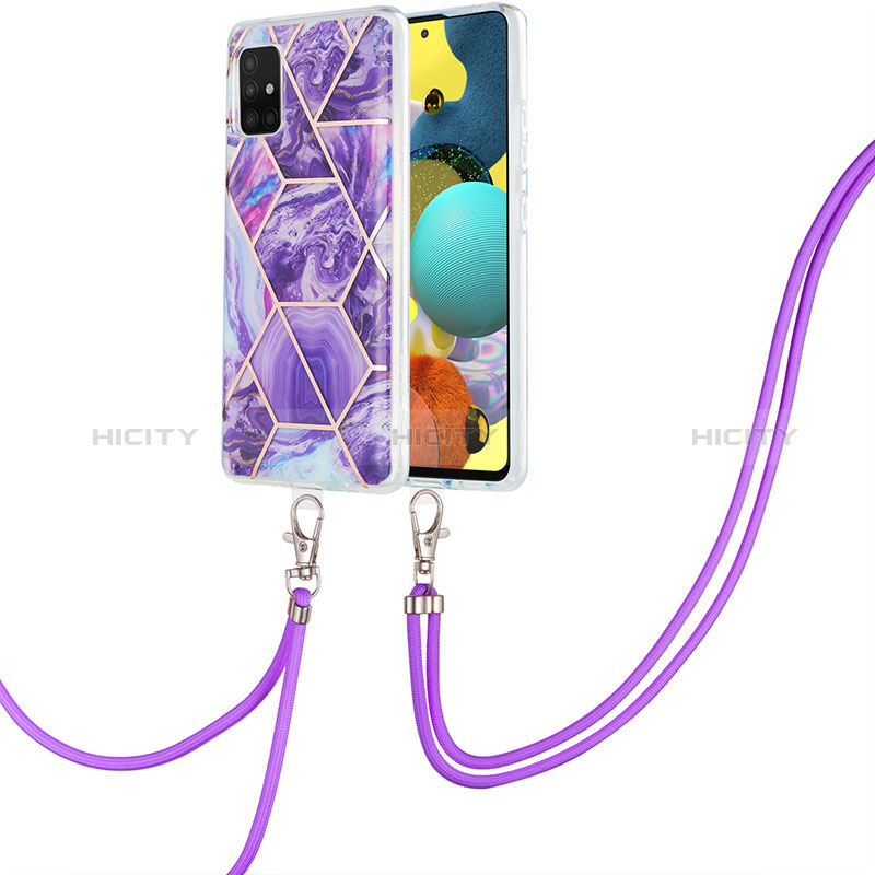 Funda Silicona Gel Goma Patron de Moda Carcasa con Acollador Cordon Lanyard Y01B para Samsung Galaxy A51 4G Morado