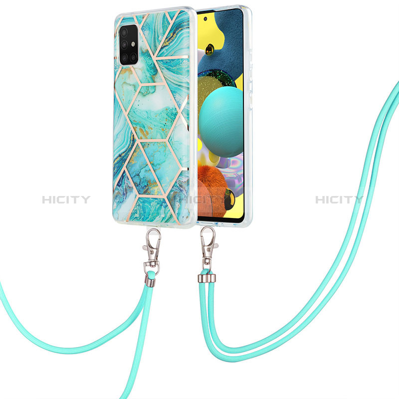 Funda Silicona Gel Goma Patron de Moda Carcasa con Acollador Cordon Lanyard Y01B para Samsung Galaxy A51 5G Menta Verde