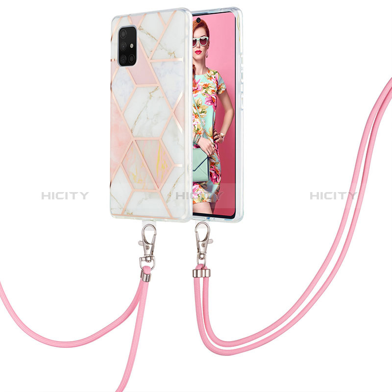 Funda Silicona Gel Goma Patron de Moda Carcasa con Acollador Cordon Lanyard Y01B para Samsung Galaxy A71 4G A715 Rosa