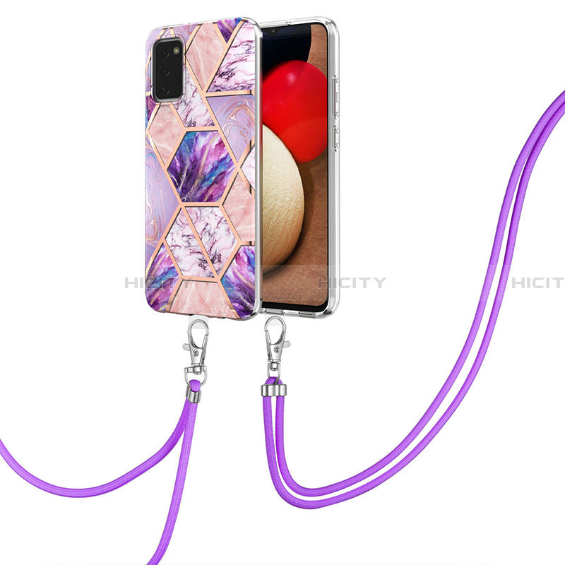 Funda Silicona Gel Goma Patron de Moda Carcasa con Acollador Cordon Lanyard Y01B para Samsung Galaxy F02S SM-E025F Purpura Claro