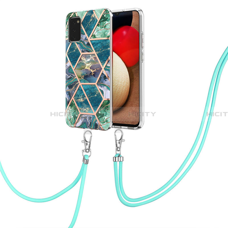 Funda Silicona Gel Goma Patron de Moda Carcasa con Acollador Cordon Lanyard Y01B para Samsung Galaxy F02S SM-E025F Verde Noche