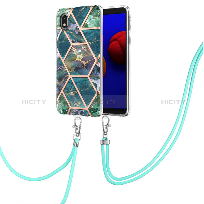 Funda Silicona Gel Goma Patron de Moda Carcasa con Acollador Cordon Lanyard Y01B para Samsung Galaxy M01 Core Verde Noche