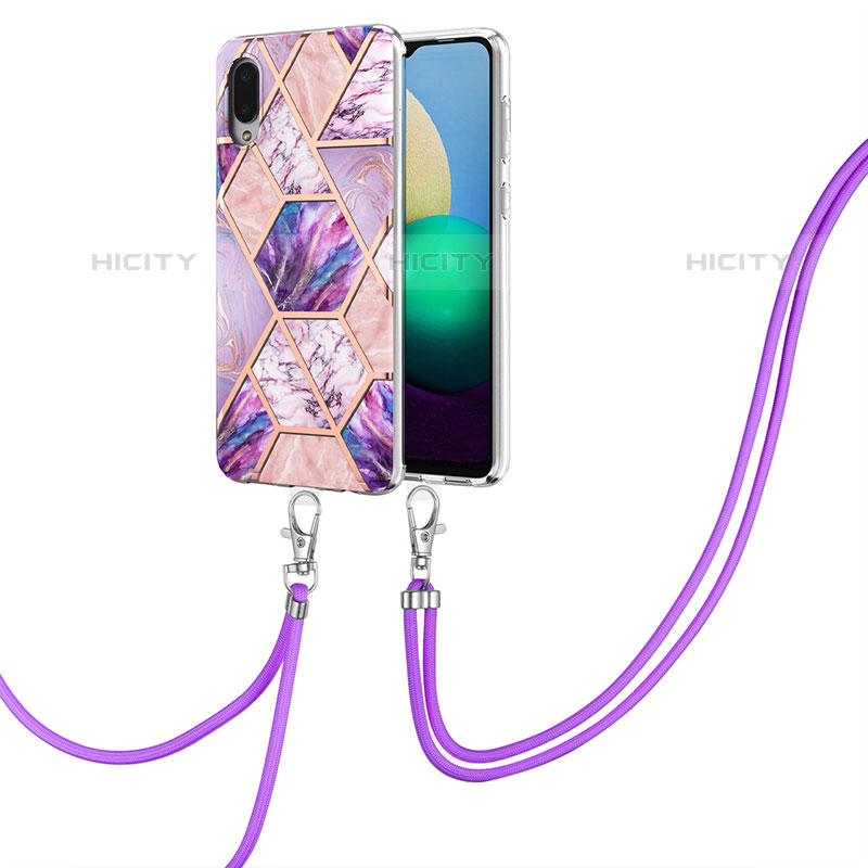 Funda Silicona Gel Goma Patron de Moda Carcasa con Acollador Cordon Lanyard Y01B para Samsung Galaxy M02 Purpura Claro