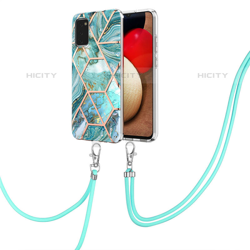 Funda Silicona Gel Goma Patron de Moda Carcasa con Acollador Cordon Lanyard Y01B para Samsung Galaxy M02s Menta Verde