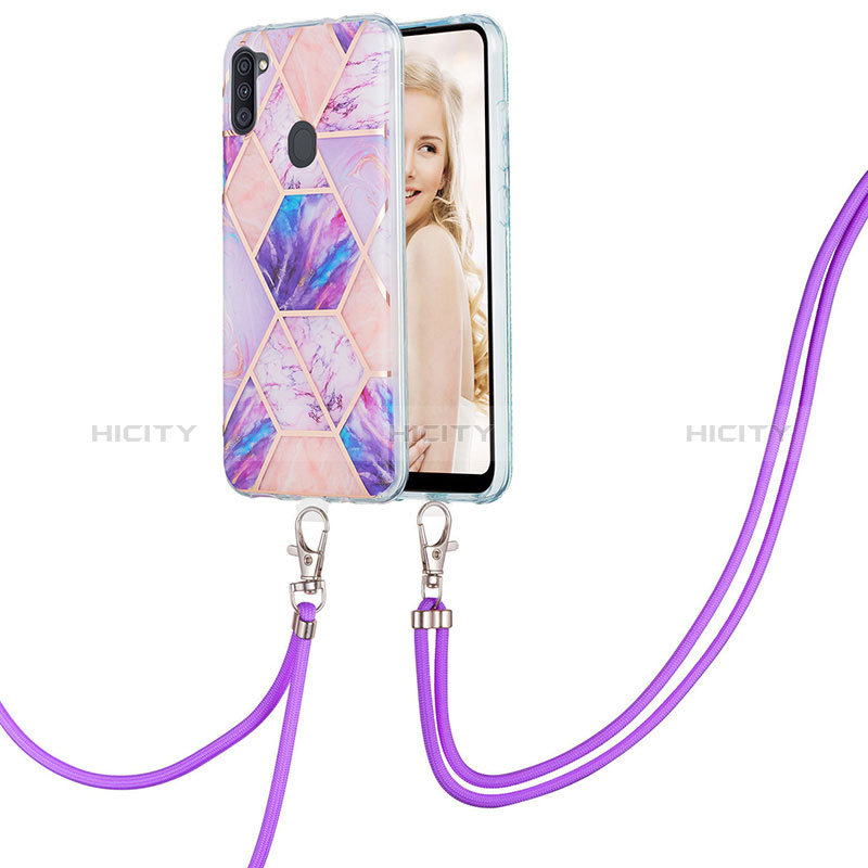 Funda Silicona Gel Goma Patron de Moda Carcasa con Acollador Cordon Lanyard Y01B para Samsung Galaxy M11 Purpura Claro