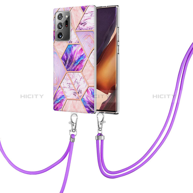 Funda Silicona Gel Goma Patron de Moda Carcasa con Acollador Cordon Lanyard Y01B para Samsung Galaxy Note 20 Ultra 5G Purpura Claro