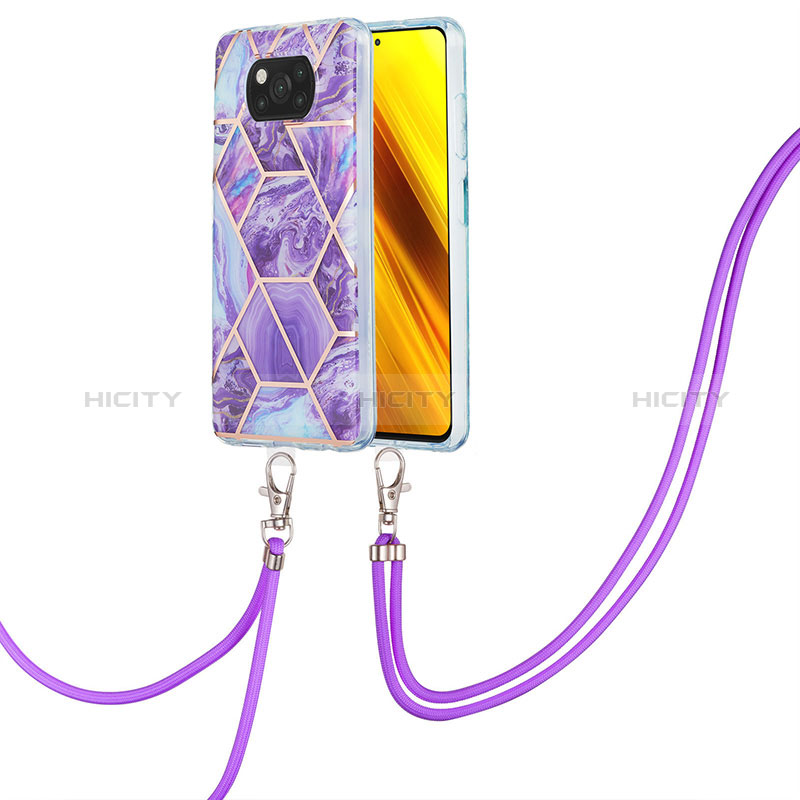 Funda Silicona Gel Goma Patron de Moda Carcasa con Acollador Cordon Lanyard Y01B para Xiaomi Poco X3 NFC Morado