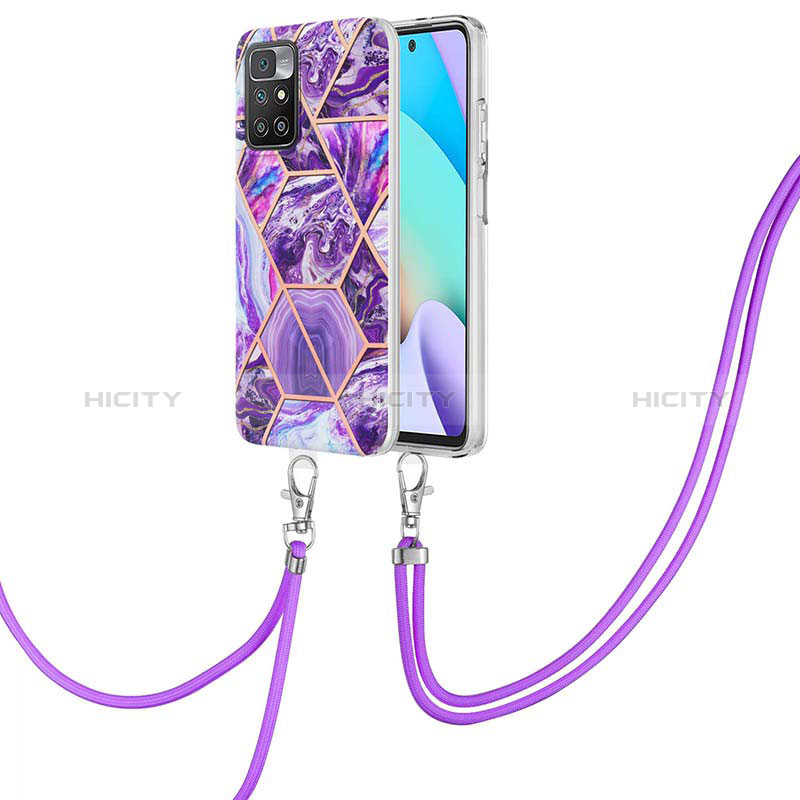 Funda Silicona Gel Goma Patron de Moda Carcasa con Acollador Cordon Lanyard Y01B para Xiaomi Redmi 10 (2022) Morado