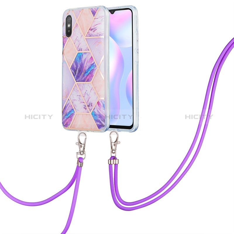 Funda Silicona Gel Goma Patron de Moda Carcasa con Acollador Cordon Lanyard Y01B para Xiaomi Redmi 9A Purpura Claro