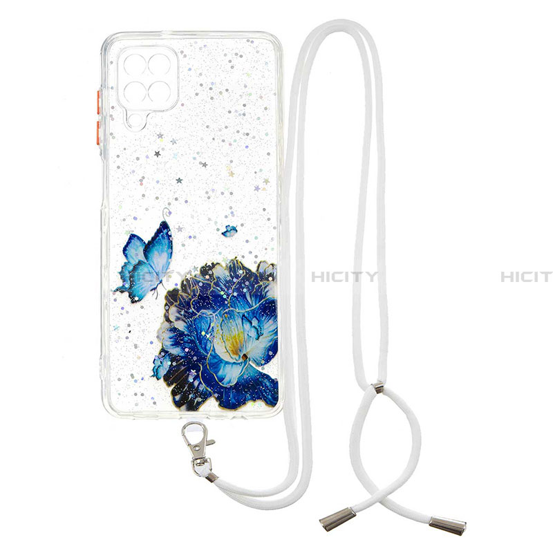 Funda Silicona Gel Goma Patron de Moda Carcasa con Acollador Cordon Lanyard Y01X para Samsung Galaxy A22 4G Azul