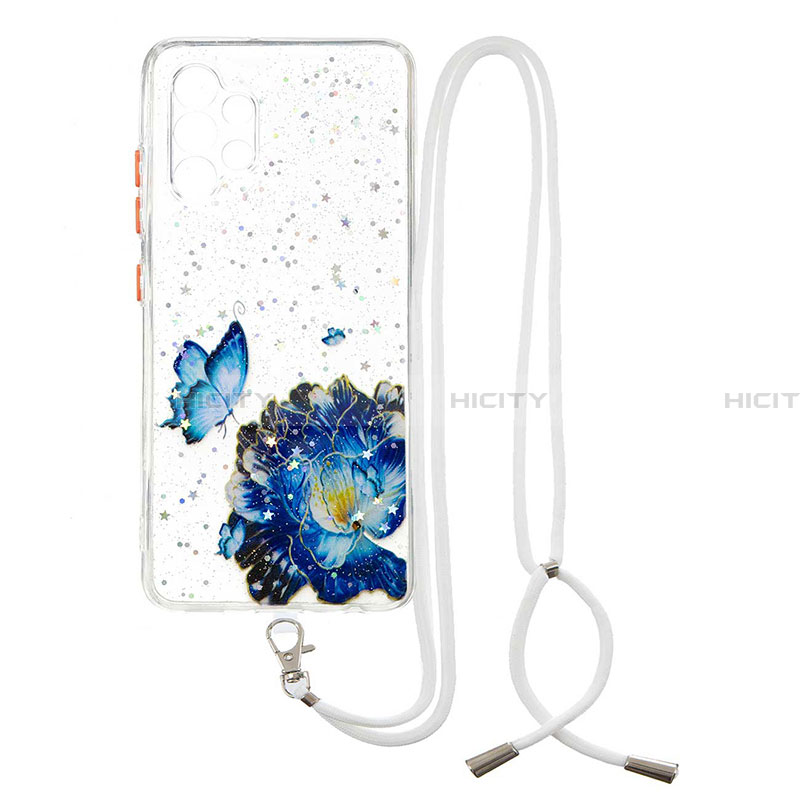 Funda Silicona Gel Goma Patron de Moda Carcasa con Acollador Cordon Lanyard Y01X para Samsung Galaxy A32 4G Azul