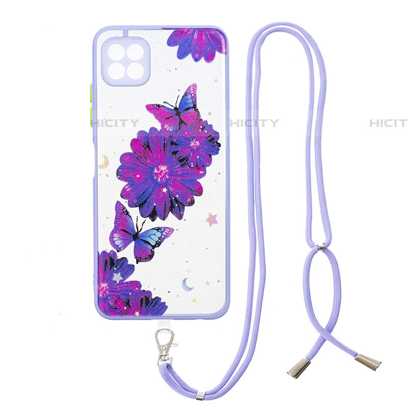 Funda Silicona Gel Goma Patron de Moda Carcasa con Acollador Cordon Lanyard Y01X para Samsung Galaxy F42 5G Morado