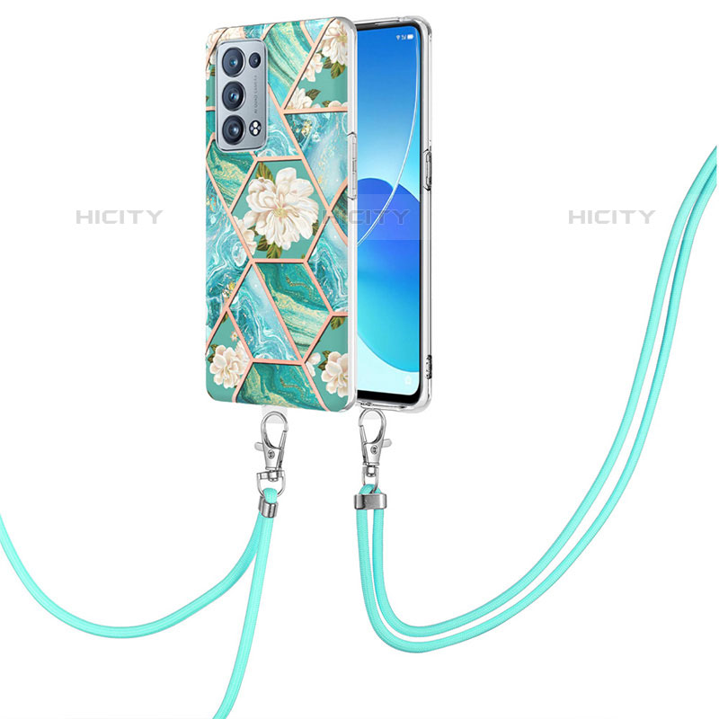 Funda Silicona Gel Goma Patron de Moda Carcasa con Acollador Cordon Lanyard Y02B para Oppo Reno6 Pro 5G Verde