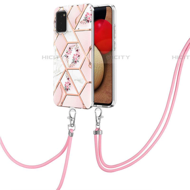 Funda Silicona Gel Goma Patron de Moda Carcasa con Acollador Cordon Lanyard Y02B para Samsung Galaxy A03s Rosa