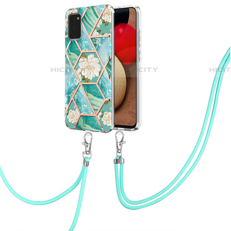 Funda Silicona Gel Goma Patron de Moda Carcasa con Acollador Cordon Lanyard Y02B para Samsung Galaxy A03s Verde