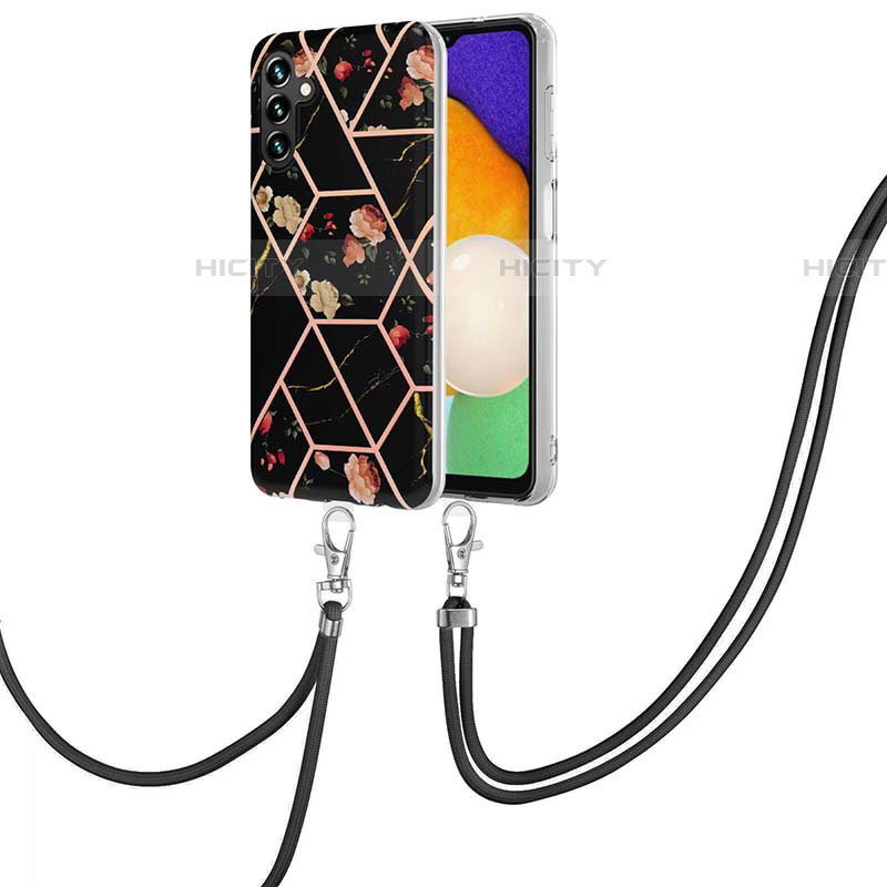 Funda Silicona Gel Goma Patron de Moda Carcasa con Acollador Cordon Lanyard Y02B para Samsung Galaxy A04s Negro